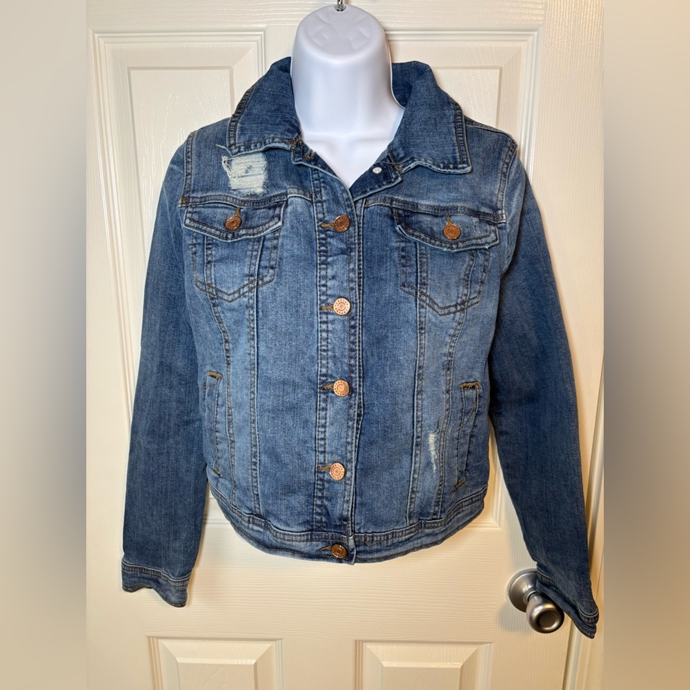 Light blue distressed denim jacket with buttons by Refuge-size medium